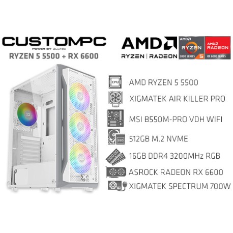 CUSTOMPC (AMD RYZEN 5 5500): 16GB, 512GB NVME, ASROCK RADEON RX 6600 WHITE