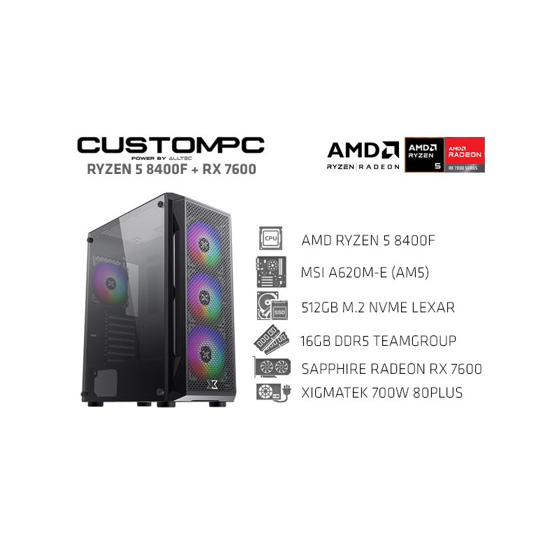 CUSTOMPC (AMD RYZEN 5 8400F): 16GB, 512GB NVME, RADEON RX 7600 CUSTOMPC (AMD RYZEN 5 8400F): 16GB, 512GB NVME, RADEON RX 7600