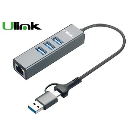 ADAPTADOR ULINK USB 3.0 A GIGABIT (RJ45) CON HUB USB 3.0 3xPUERTOS (UL-GBHUB3)