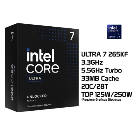 3.9GHz INTEL CORE ULTRA 7 265KF (5.5GHz TURBO, 20C/28T, 33MB CACHE, 125W, LGA1851)