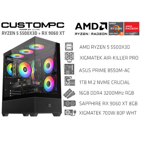 CUSTOMPC (AMD RYZEN 5 5500X3D): 16GB, 1TB M.2, RX 9060 XT 8GB